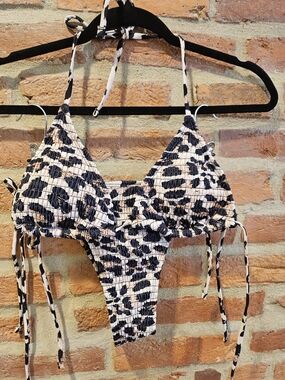 adidas Leopard-Pattern Ribbed Bikini Set - Black & Cream
